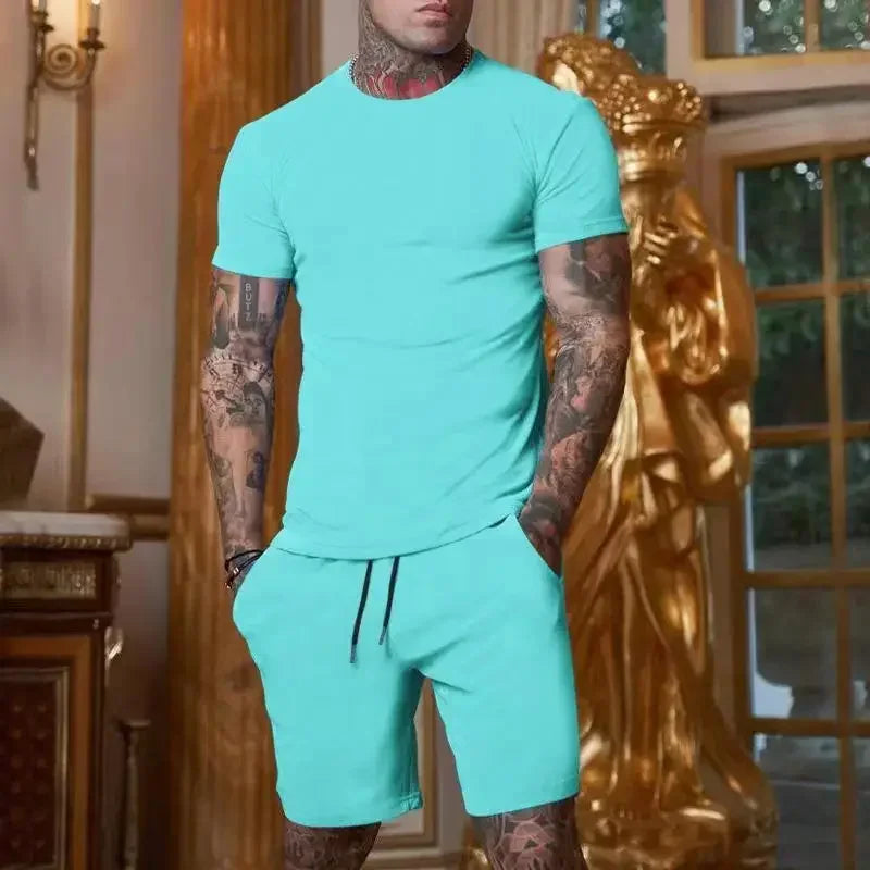 2025 summer new men's breathable sportswear short sleeved t-shirt and shorts set popular quick drying clothing