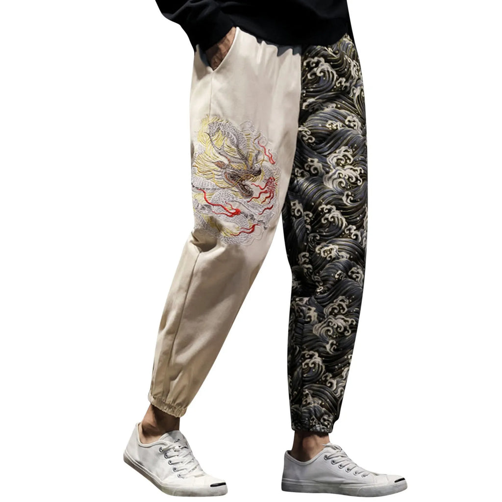 Flat Front Loose Mens Japanese Retro Trend Embroidered Color Matching Casual Trousers