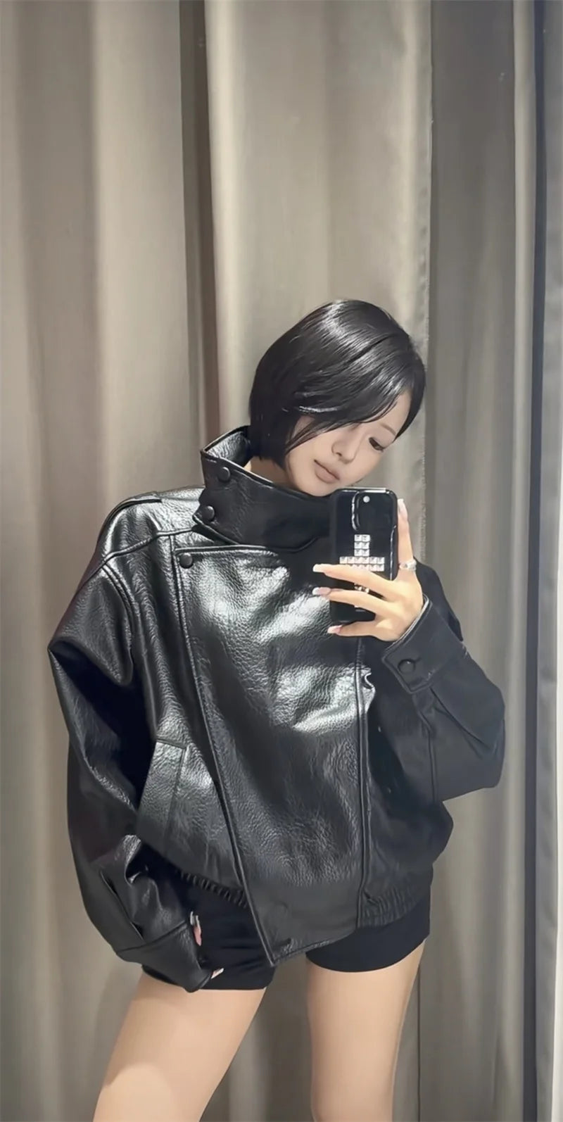 Women's Jacket Fall 2025 New Black Long Sleeve Pebble Faux Leather Jacket Motorcycle Style Personality Fashion