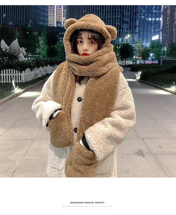 Cute Bear Ear Hat Fashion Winter Warm Comforts Polyester Thickened Plush Hoodie Hat Scarf Gloves Set Girl Kawaii Warm Casual Hat