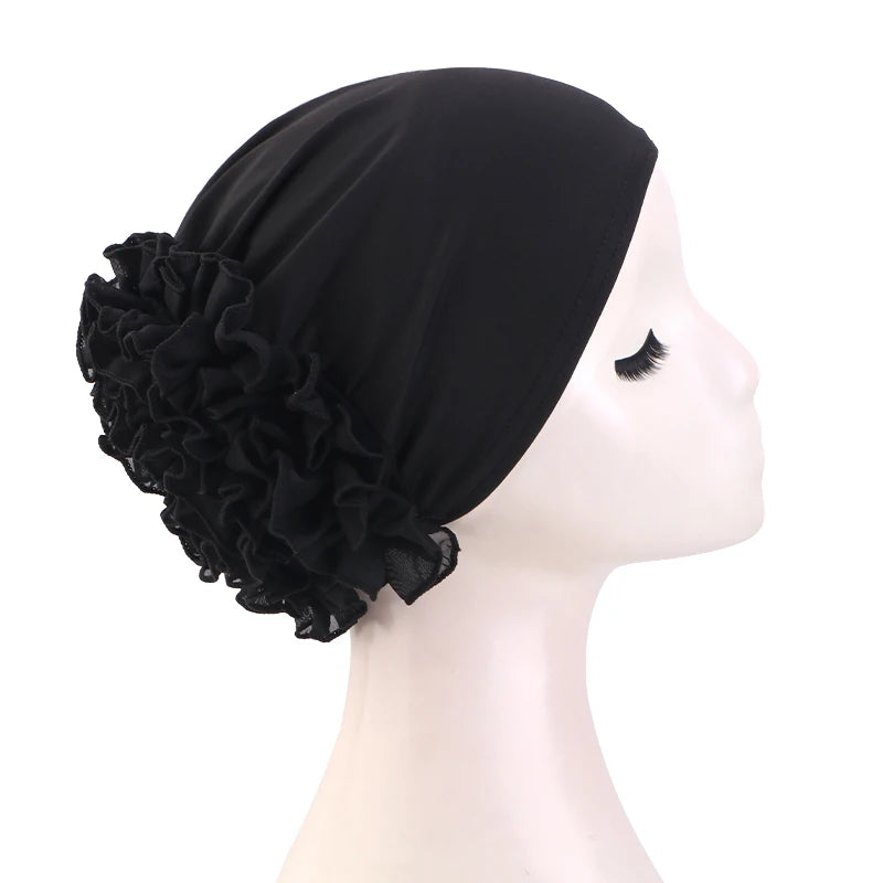 New breathable chiffon hat with large flowers Solid color thin bottom cap Islamic Head Wrap Women's elastic anti hair loss hat