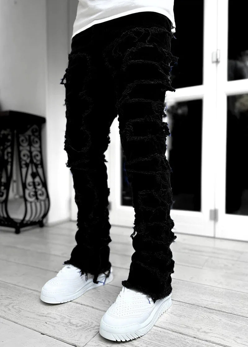 New Mens Denim Straight Leg PantsStreet Fashion InsElastic Waist Stretch Jeans Casual Trousers