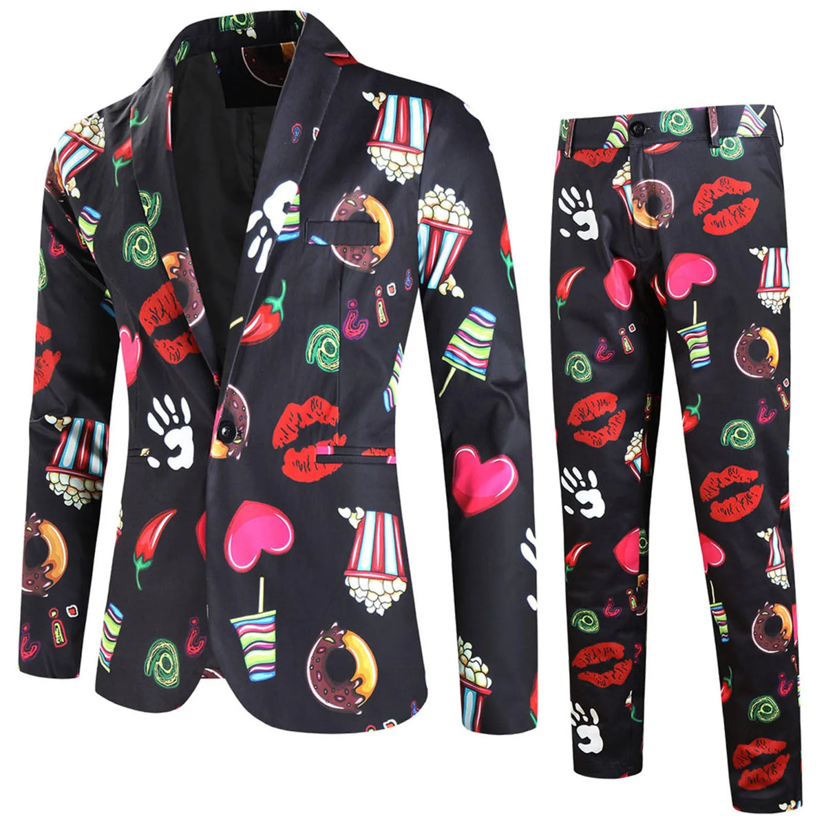 Suit Jacket Mens Two Piece Set Valentine Day Love Printing Dinner Date Suit Jackets Pants Two Piece Suit Male Clothing Hombre