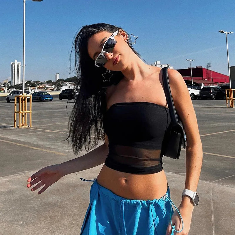 2026 Women's Sexy Hot Girl Style Black Y2K Mesh Crop Top Strapless Urban Style Off-Shoulder Fitted Short Tank Top