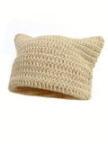 Cute Cat Ears Beanie Hats for Women Winter Striped Korean Punk Gothic Y2K Wool Knitted Streetwear Handmade Crochet Bucket Cap