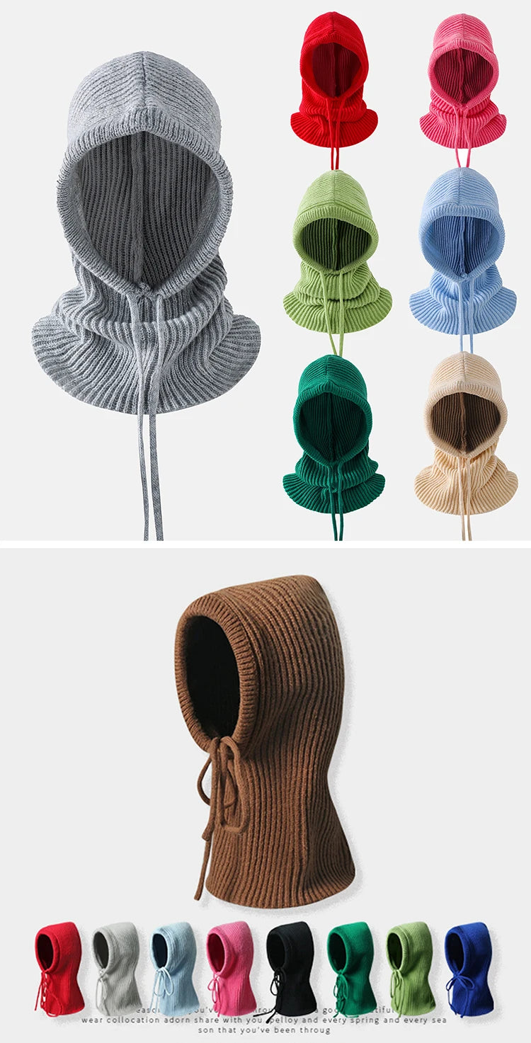 Winter Balaclava Hat for Men&Women Knitted Hooded Cap Outdoor Windproof Drawstring Hat One-Piece Neck Beanie Capofficial website