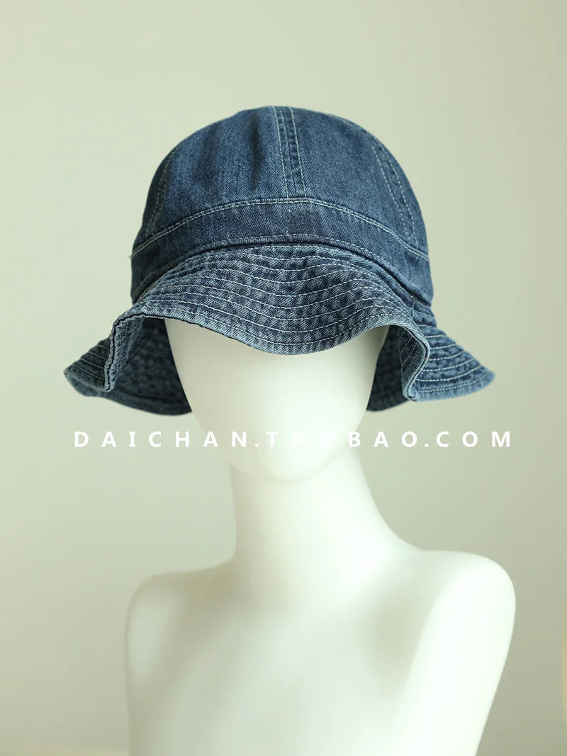 Japanese Retro Simple Dome Denim Basin Caps for Women Spring and Summer Travel Casual Versatile Sunscreen Bucket Hats Men