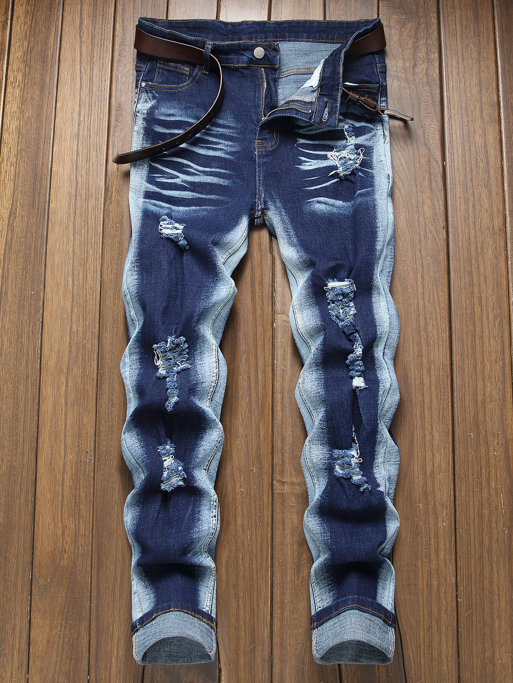 Stylish Mid Stretch Slim Fit Jeans - Men's Mid Waist Distressed And Ripped Denim Jeans With Tassels For All Seasons Street Wear