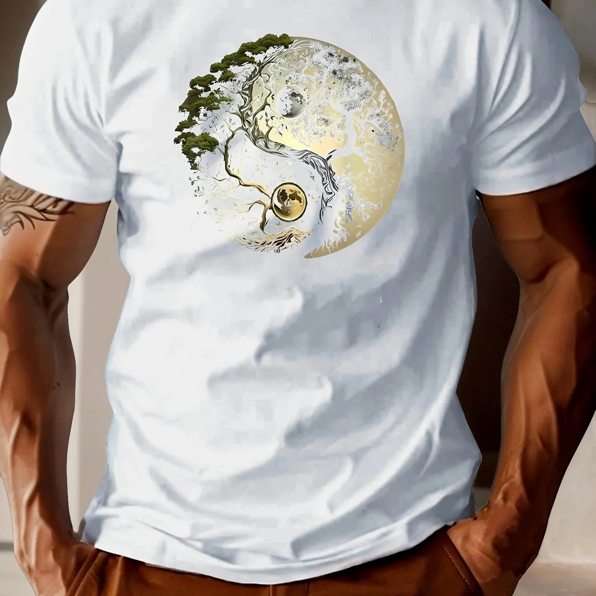 Men's summer 100% pure cotton fashionable casual loose sports yin-yang tree pattern print round neck short sleeved T-shirt top