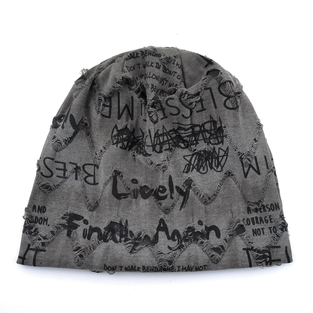 Letter Print Beanie Hats For Women Men Vintage Distressed Cracked Design Wasteland Style Spring Summer Warm Fleece-lined Winter