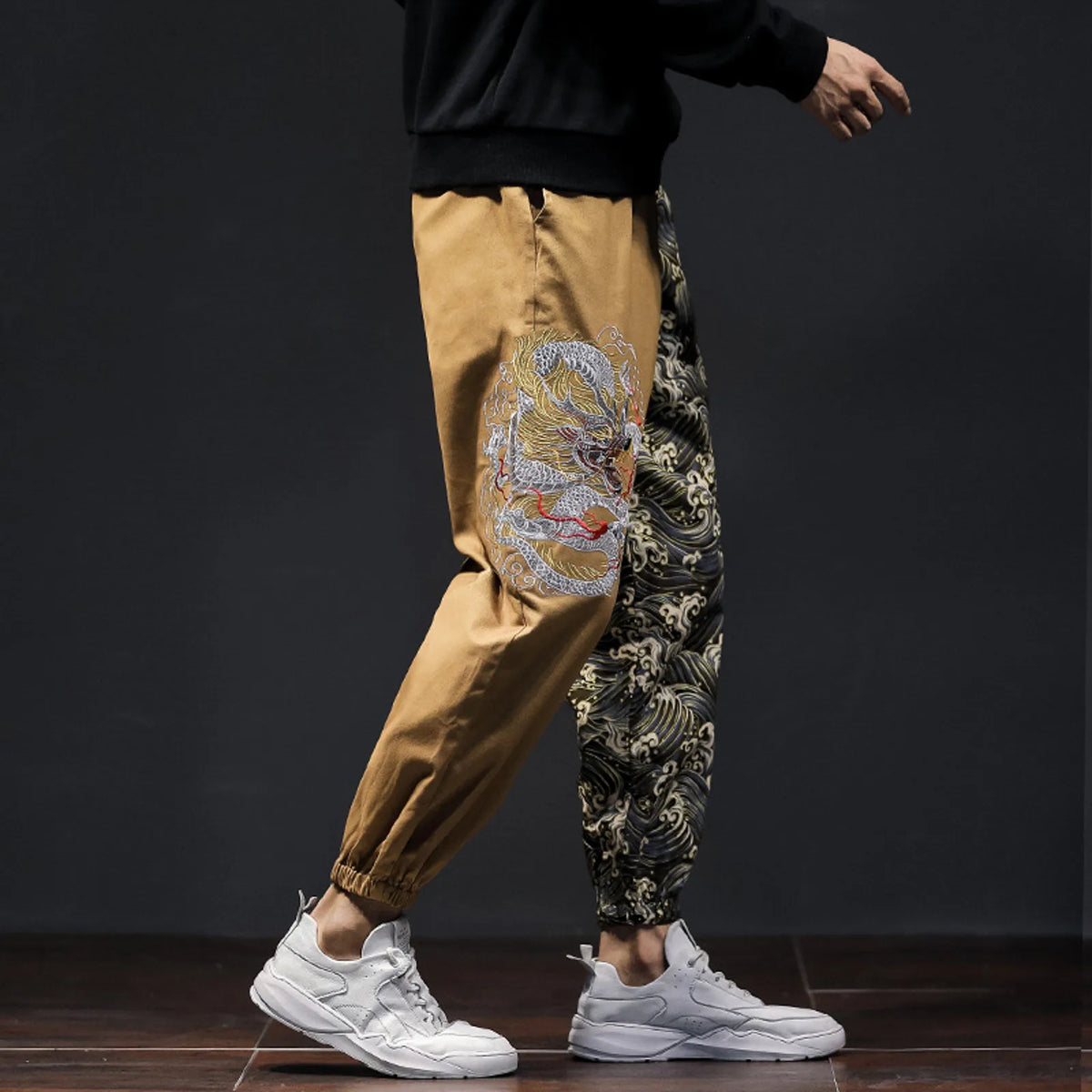 Flat Front Loose Mens Japanese Retro Trend Embroidered Color Matching Casual Trousers