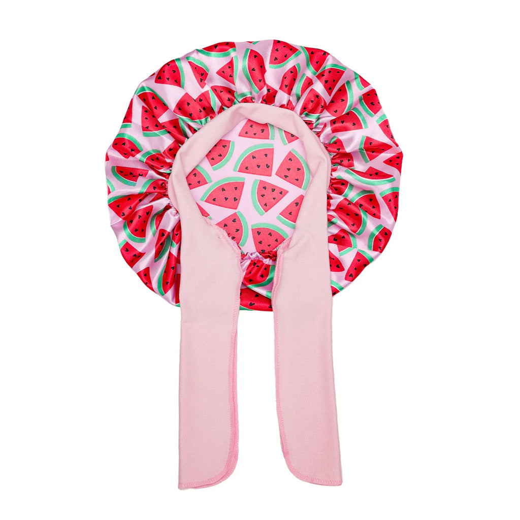 Kids Satin Bonnet Sleep Hat Wide Elastic Band Ribbon Sleeping Cap Boy Girls Flower Printed Silk Shower Cap