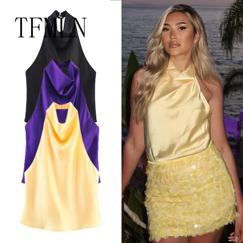 TFMLN 2025 Women Sexy Halter Top Spring Summer Sexy Backless High Street Waistcoat Female Fashion Solid Elegant Halter Neck Tops