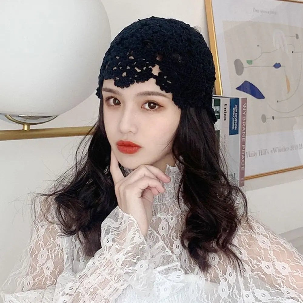 Women's Hollowed Out Knitted Hat Casual Beret Cap Fashion Flowers Breathable Skullies Hat Sun Visor Summer Headwear