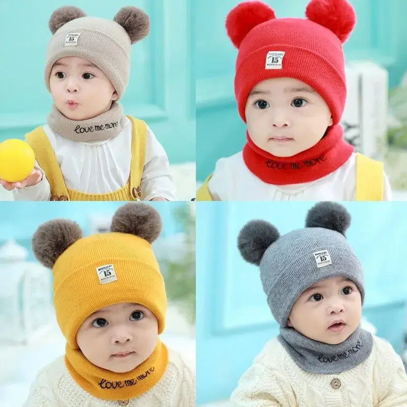 Winter Children Warm Baby Knitted Hats with Pom Pom Kids Knit Beanie Hats Solid Color Children's Hat for Boys Girls Accessories