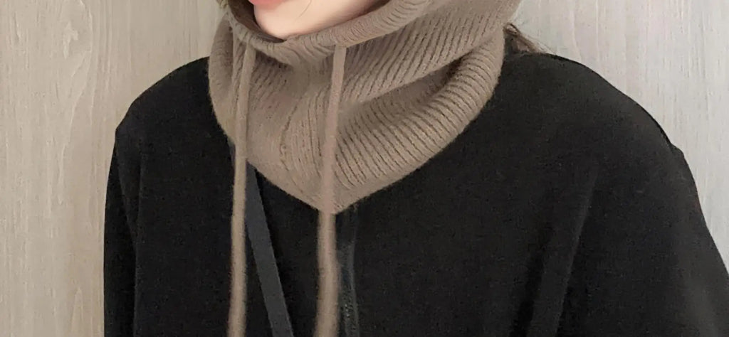Knitted Hooded Caps Winter Balaclava Hats Women Korean Style Outdoor Warmer Drawstring Hats One-piece Neck Collar Beanies Cap