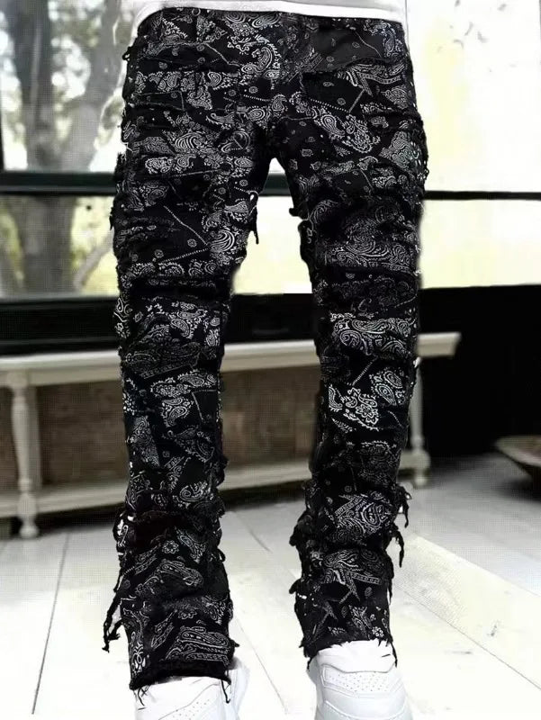 New Mens Denim Straight Leg PantsStreet Fashion InsElastic Waist Stretch Jeans Casual Trousers