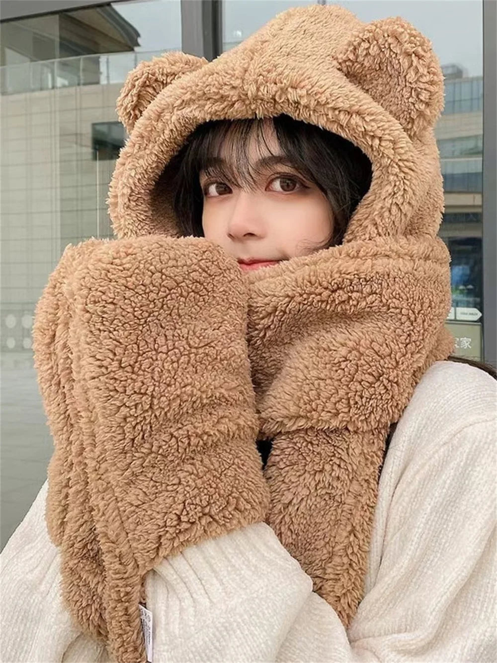 Cute Bear Ear Hat Fashion Winter Warm Comforts Polyester Thickened Plush Hoodie Hat Scarf Gloves Set Girl Kawaii Warm Casual Hat