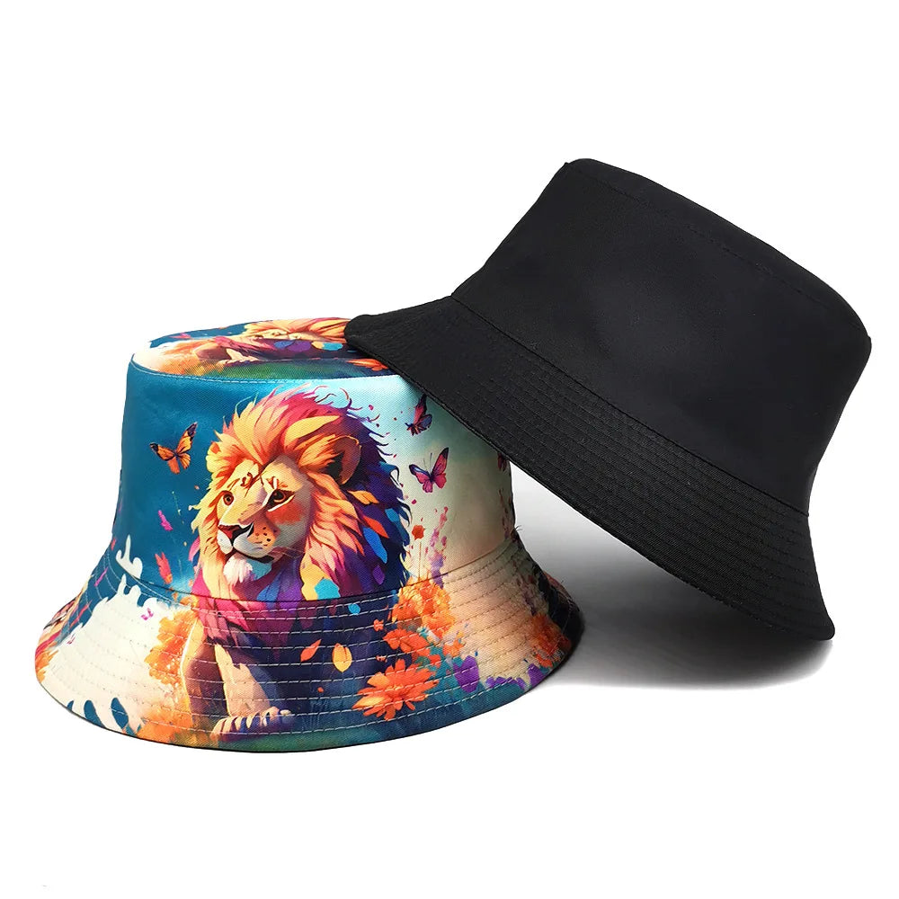 Europe and America Retro Nostalgic 90s Tape Pattern Bucket Hat Female Double Sided Spring and Summer Outdoor Sunscreen Sun Hat