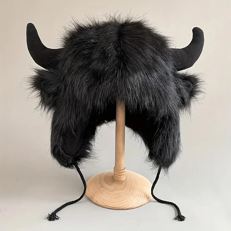 Women's Cow Skull Fisherman Hat with Faux Fur Horns - Winter Warm Ear Protection Beanie, Soft Imitation Mink Material women