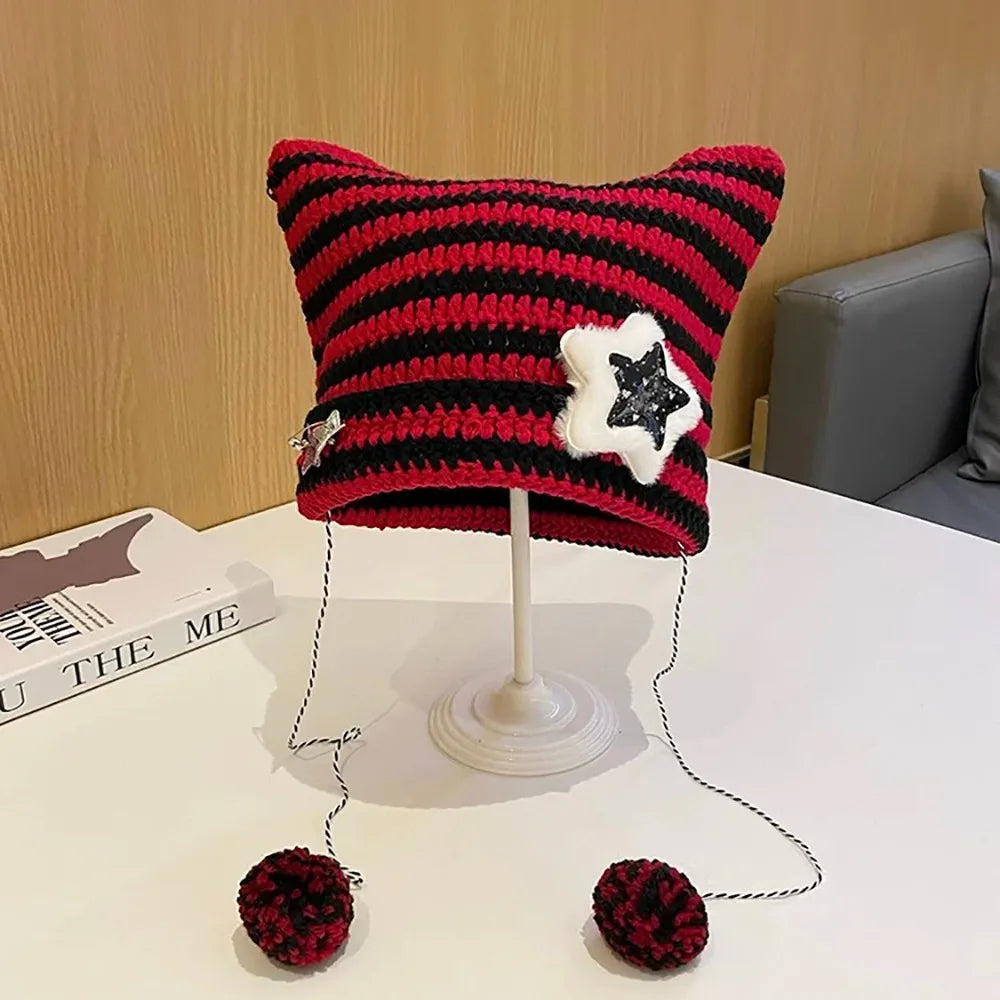 Y2K Beanie Hat Women Ins Devil Ear Striped Knitted Wool Cap Autumn Winter Hip-hop Crochet Cute Cat Ears Pointed Pullover Hats