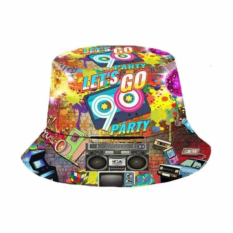 Europe and America Retro Nostalgic 90s Tape Pattern Bucket Hat Female Double Sided Spring and Summer Outdoor Sunscreen Sun Hat