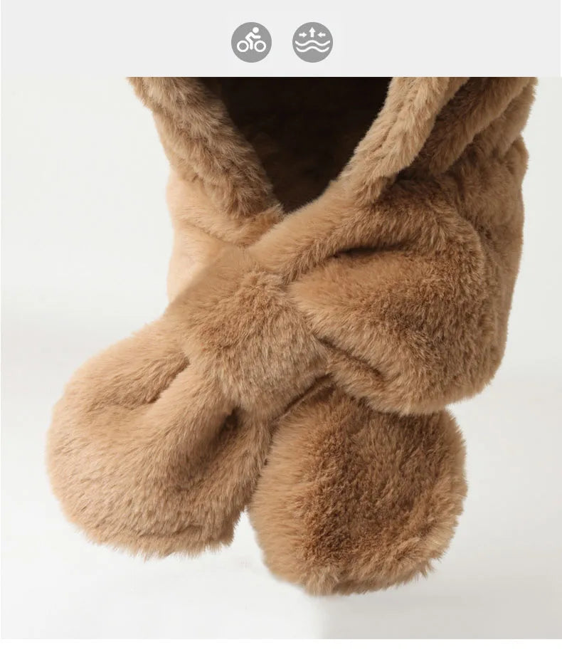 Children's Cartoon Bear Hat Baby Girl Autumn And Winter Korean Version Imitation Rabbit Fur Cute Scarf Integrated Warm Plush Hat