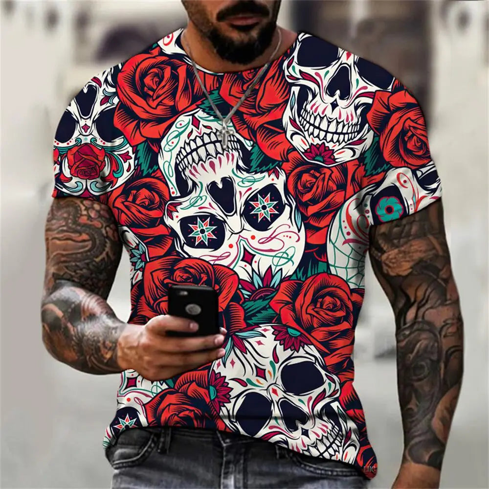 Men's Casual T-Shirt, Gothic Skull Heart Hands Graphic Black Short Sleeve Crew Neck Tee Cool Streetwear Halloween Fashion Top