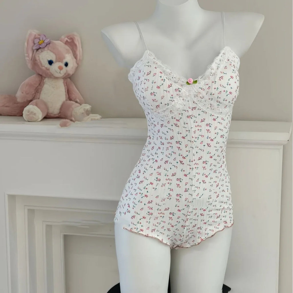 Women Sexy  Floral Print Bodysuit Lace Trim Sleeveless Slim Fit Leotard Summer Jumpsuit Romper Sexy Underwear Nightwear Lingerie