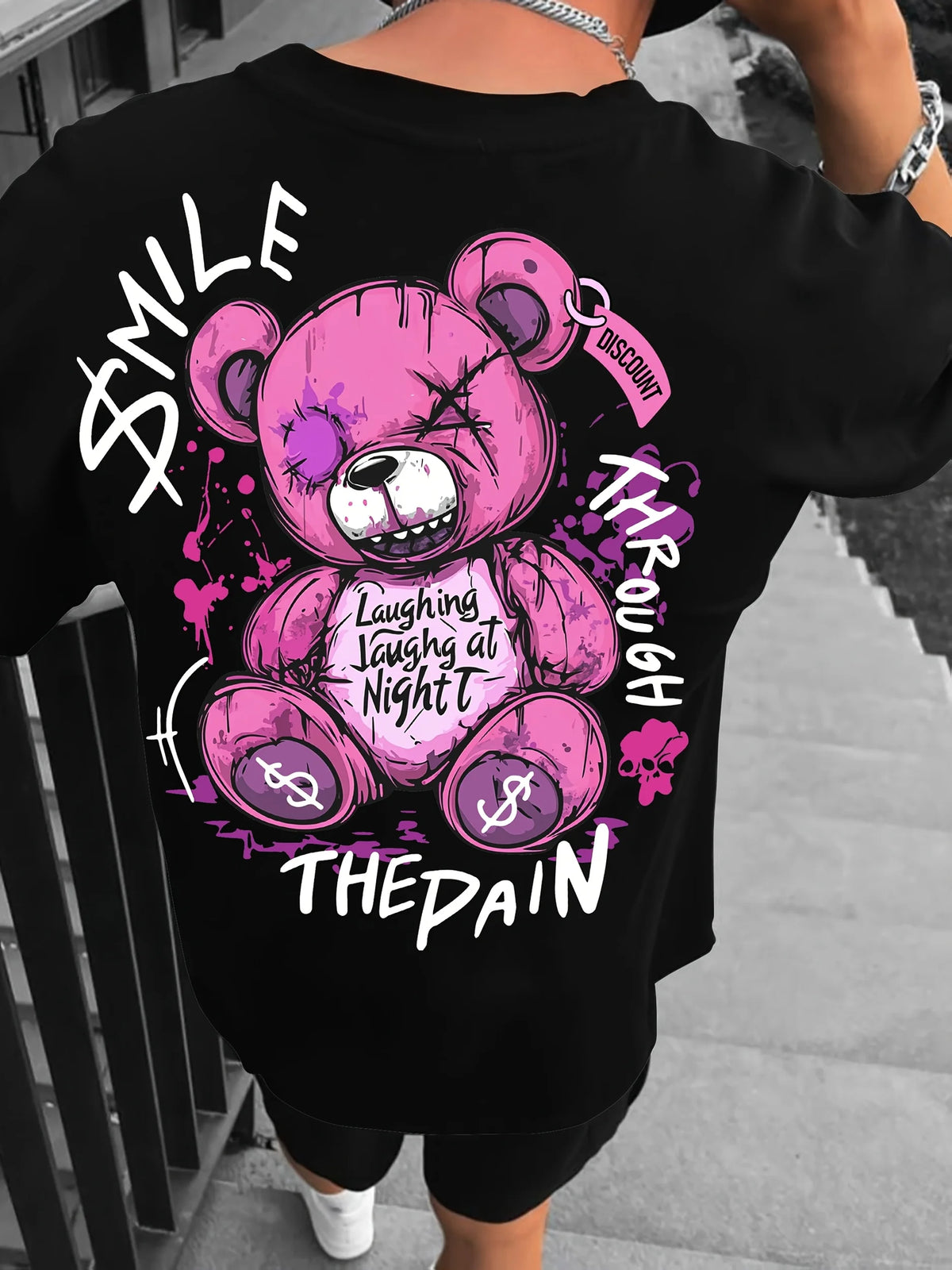 Trendy style new summer men's teddy bear letter print breathable and comfortable round neck T-shirt outdoor high street top
