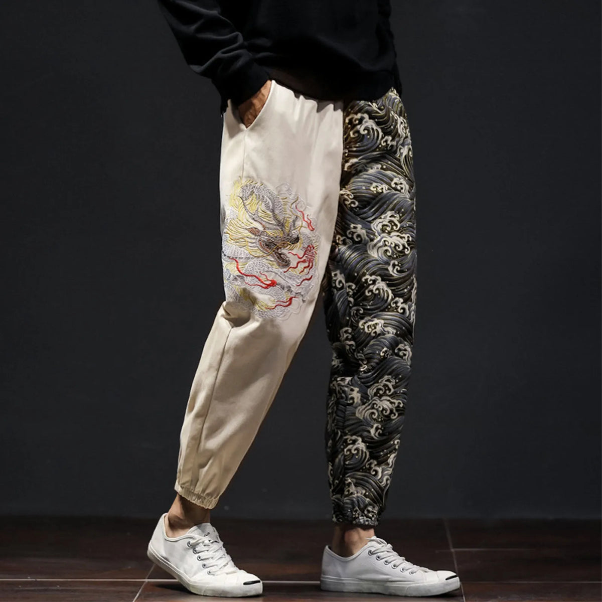Flat Front Loose Mens Japanese Retro Trend Embroidered Color Matching Casual Trousers