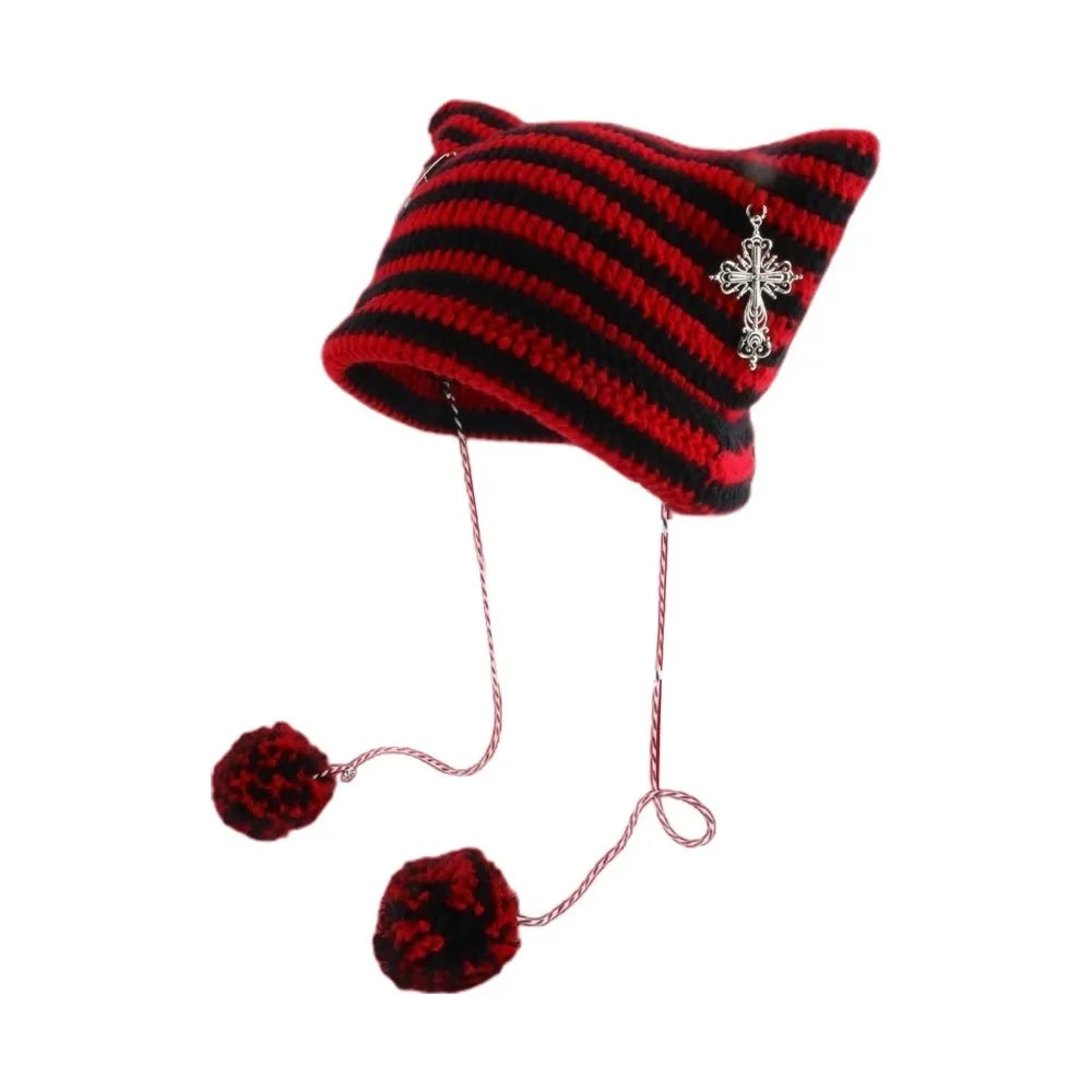 Y2K Beanie Hat Women Ins Devil Ear Striped Knitted Wool Cap Autumn Winter Hip-hop Crochet Cute Cat Ears Pointed Pullover Hats