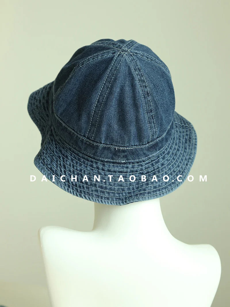 Japanese Retro Simple Dome Denim Basin Caps for Women Spring and Summer Travel Casual Versatile Sunscreen Bucket Hats Men