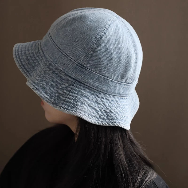 Japanese Retro Simple Dome Denim Basin Caps for Women Spring and Summer Travel Casual Versatile Sunscreen Bucket Hats Men