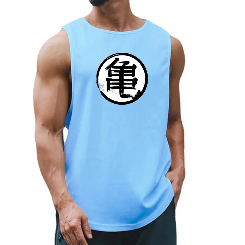 Japanese Anime Turtle Script Printed Summer Fitness Sports Tank Tops Men Gym Clothing Workout Sleeveles Shirt Loose Running Vest