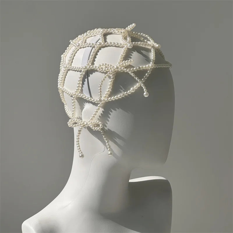 2024 new fashion chic women white handmade pearl weave hat