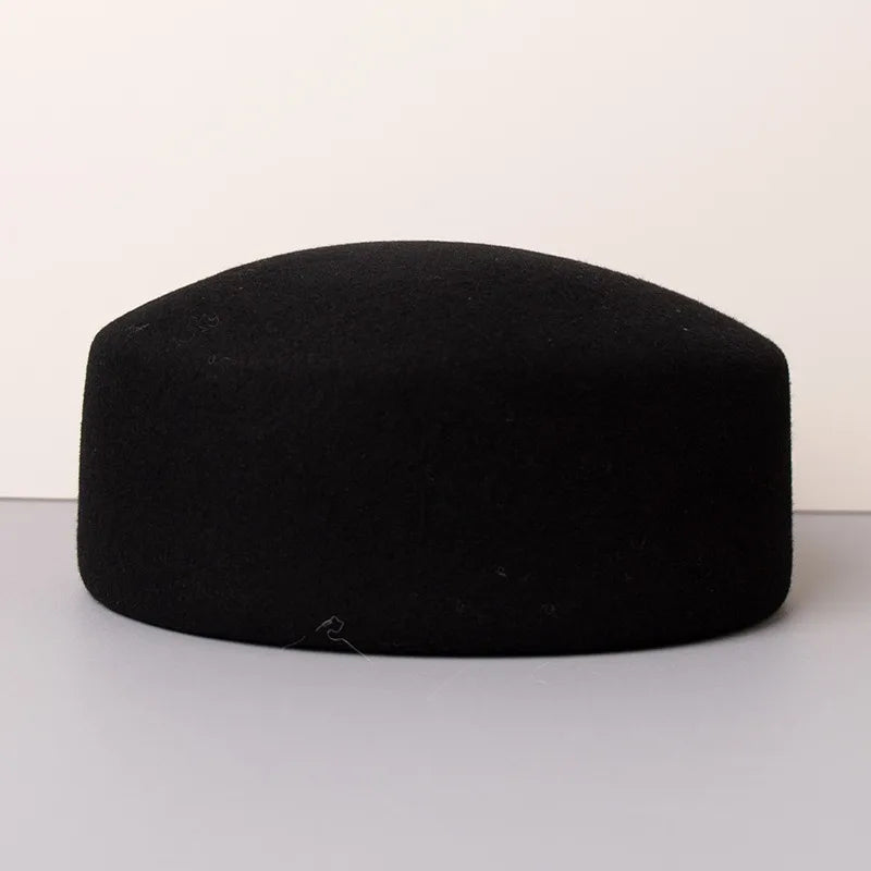 Vintage Hard Top Flat Fedoras Hats Women 100% Wool Felt Berets Hat Wedding Fascinator Caps Wedding Cocktail Party Pillbox Hat