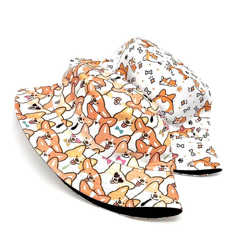 Bocca Cartoon Dog Bucket Hat Corgi Puppy Printing Fisherman Hats Double Sides Panama Cap Adult 58cm Caps Outdoor Travel Summer