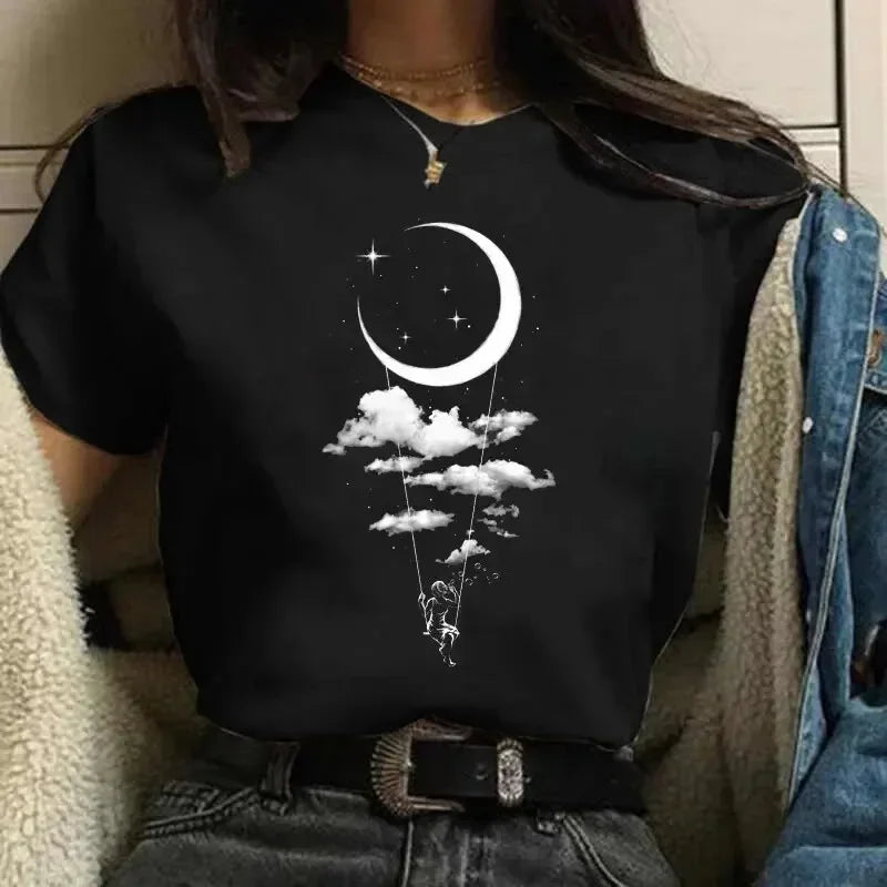 90s Moon Harajuku Funny 90s Women T Shirt Girl Cartoon Graphic Printed Black Ladies T-shirt Casual Woman Shirt Kawaii Tee Shirt