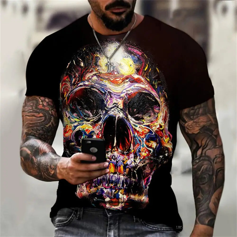 Men's Casual T-Shirt, Gothic Skull Heart Hands Graphic Black Short Sleeve Crew Neck Tee Cool Streetwear Halloween Fashion Top