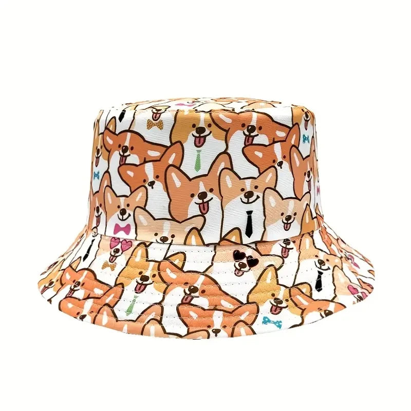 Bocca Cartoon Dog Bucket Hat Corgi Puppy Printing Fisherman Hats Double Sides Panama Cap Adult 58cm Caps Outdoor Travel Summer