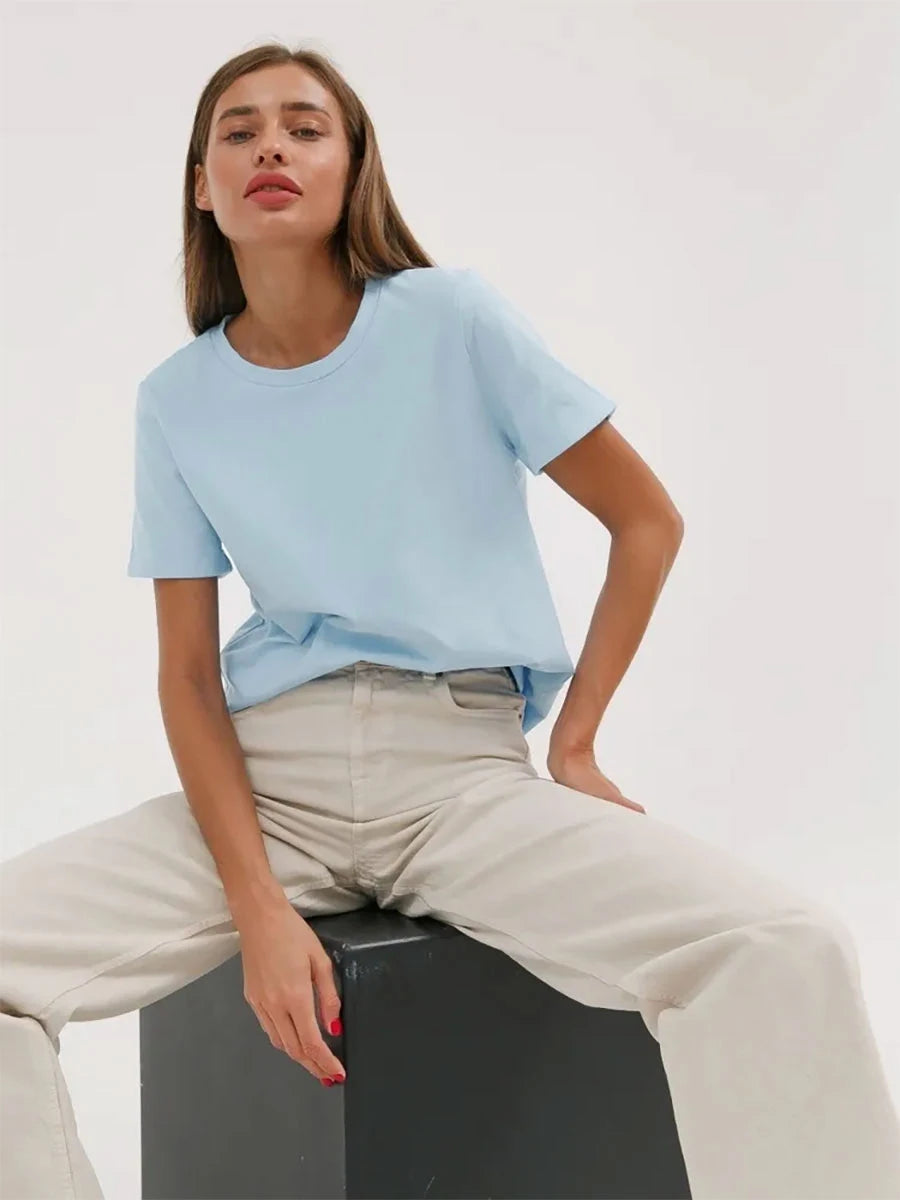 Bornladies Summer 100% Cotton Women's T-shirt Bottoming Basic Fashionable Solid Lady Short Sleeve Loose Tops Shirts 230g/㎡ Tops