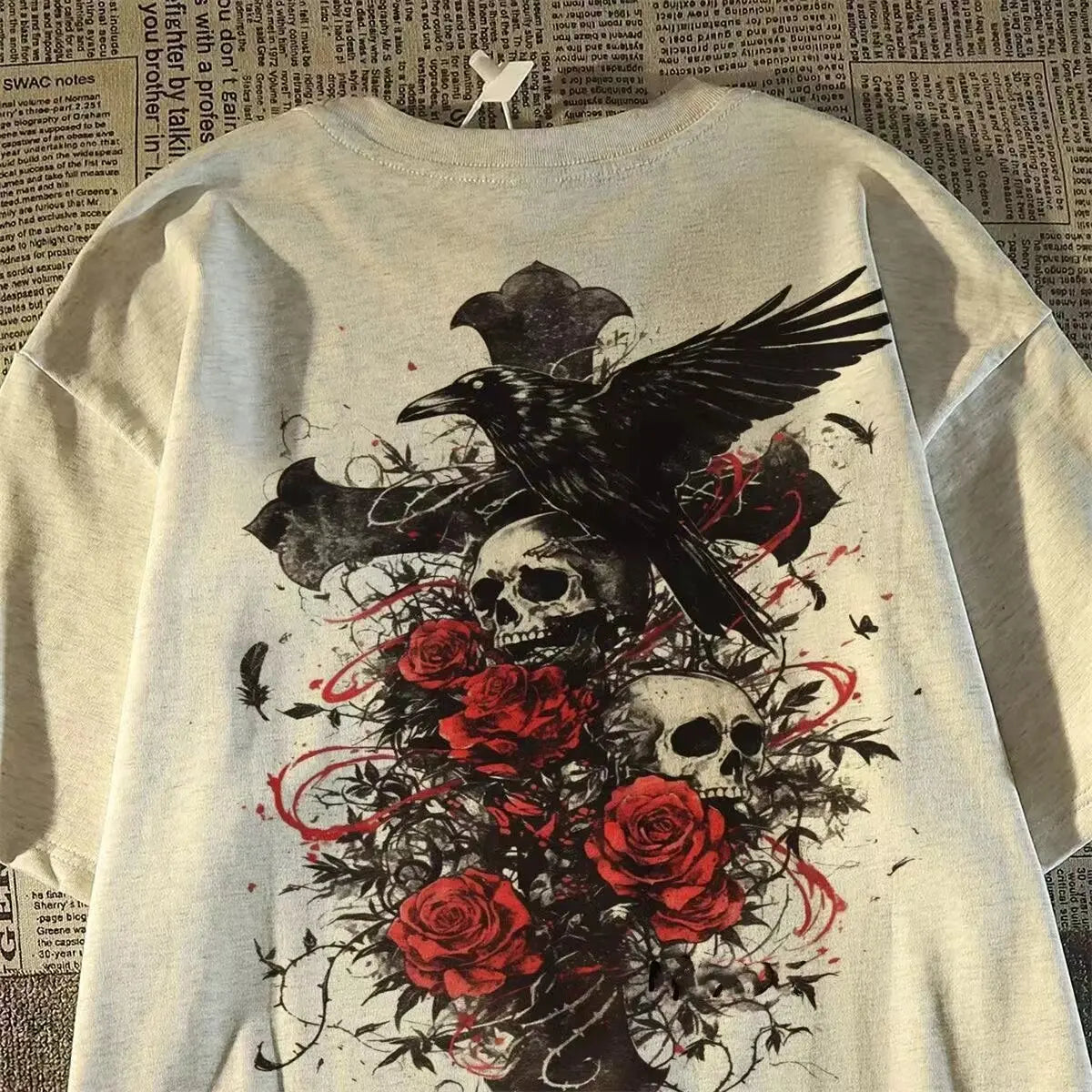 American Style Fashion Brand oversize Diablo Style Retro Subculture Skull Cross Short-sleeved T-shirt Men's Summer
