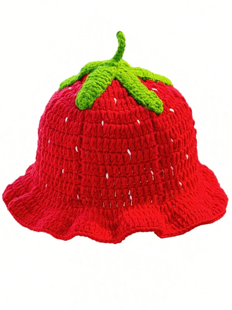 Lady'S Cartoon Red Strawberry-Shaped Fisherman'S Hat, Bohemian-Style Hand-Crocheted And Hollowed-Out Ruffled Cute Knitted Hat