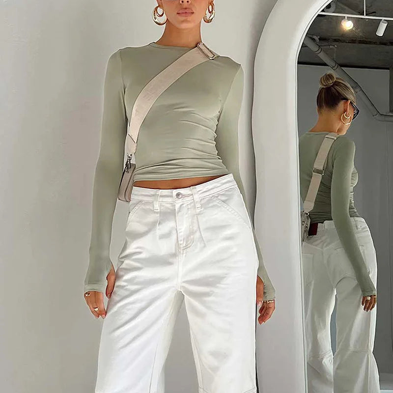 Fashion Women T-shirt Long Sleeve Crew Neck Solid Slim Fit Ladies Crop Top with Thumb Holes for Daily Streetwear Summer Camis