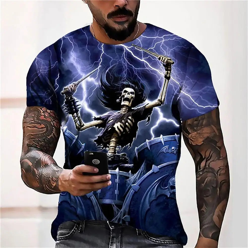 Men's Casual T-Shirt, Gothic Skull Heart Hands Graphic Black Short Sleeve Crew Neck Tee Cool Streetwear Halloween Fashion Top
