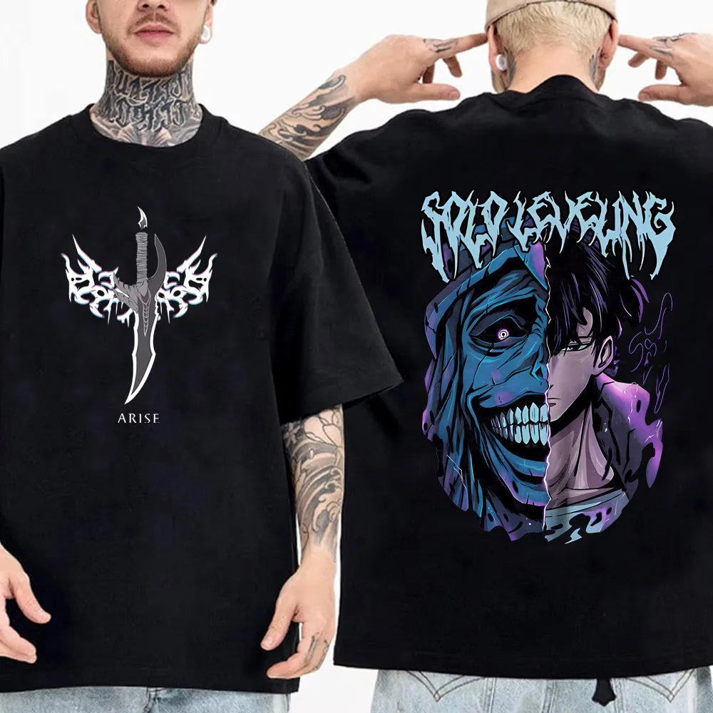 Solo Leveling Statue of God Shirt Sung Jinwoo Shirt Anime Graphic Tees Anime High Quality Cotton T Shirt Tops Streetwear