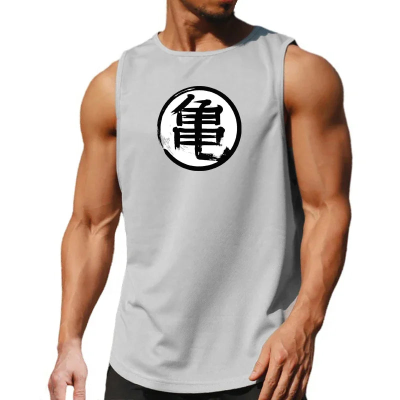 Japanese Anime Turtle Script Printed Summer Fitness Sports Tank Tops Men Gym Clothing Workout Sleeveles Shirt Loose Running Vest