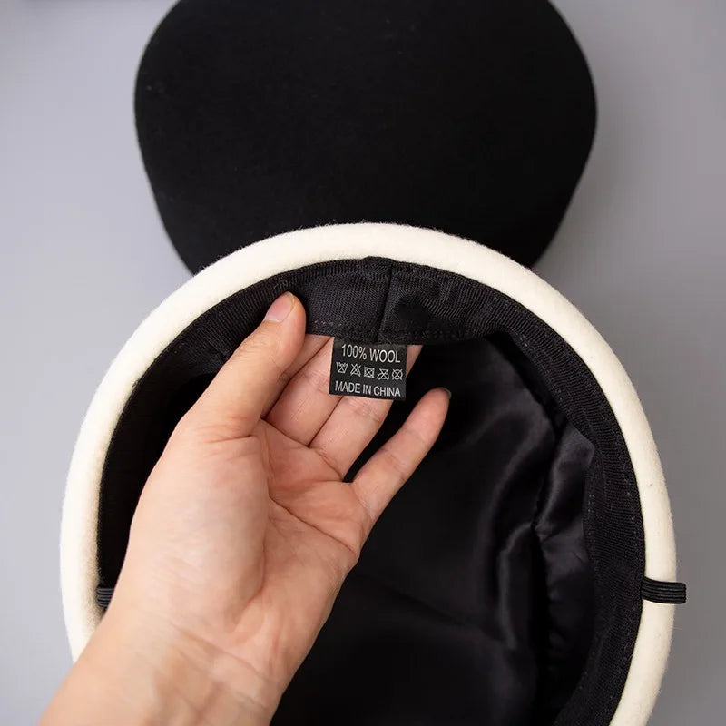 Vintage Hard Top Flat Fedoras Hats Women 100% Wool Felt Berets Hat Wedding Fascinator Caps Wedding Cocktail Party Pillbox Hat