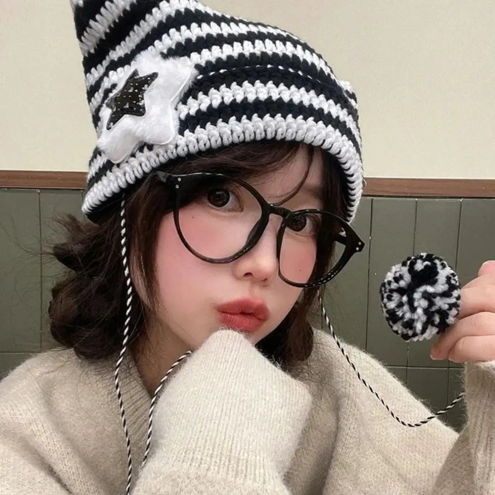 Y2K Beanie Hat Women Ins Devil Ear Striped Knitted Wool Cap Autumn Winter Hip-hop Crochet Cute Cat Ears Pointed Pullover Hats